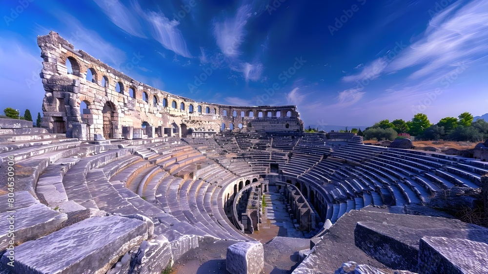 Sticker Well-Preserved Aspendos Colosseum in Antalya, Turkey: An Ancient Roman Amphitheater. Concept Historical Landmarks, Antalya, Ancient Architecture, Roman Civilization, Aspendos Colosseum - Stickers