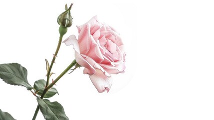A pastel pink rose flower stands out against a pristine white backdrop isolated with a crisp clipping path and casting no shadow