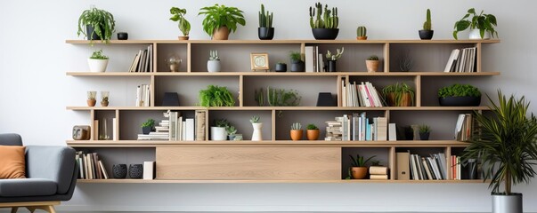 A beautiful living room with a large wooden shelf filled with books, plants, and other decorative objects