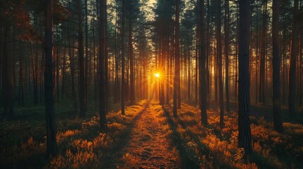 Captivating sunset filters through the tall pine trees of a serene forest