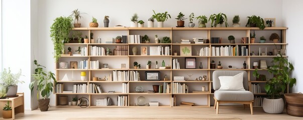 A beautiful living room with a large wooden bookshelf filled with books, plants, and other decorative objects
