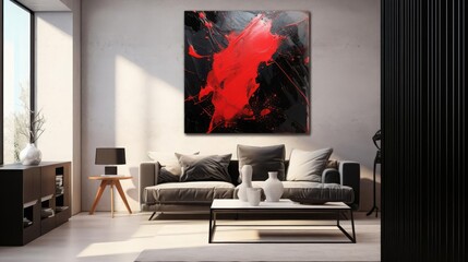 A dark room with a large red and black abstract painting on the wall