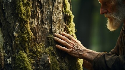 A wise old man touches the bark of an ancient tree, feeling the connection to nature and the wisdom...