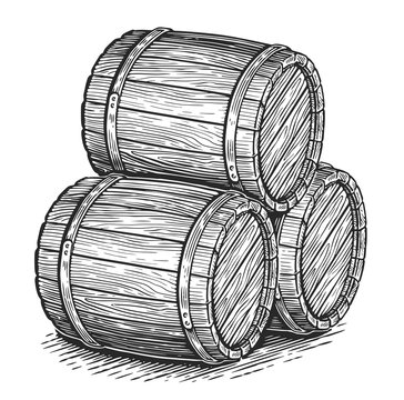 recommend clip art: Three old wooden casks, hand drawn in sketch style. Oak barrels illustration