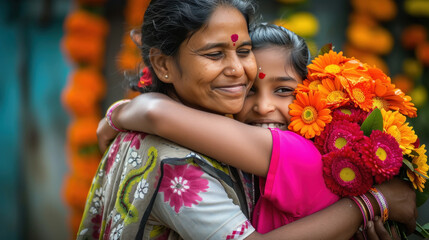 Indian woman embraces her smiling daughter
