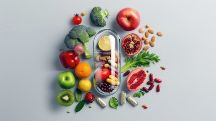 Still life with vegetables and pills Dietary supplement in capsule form with fruits, vegetables, nuts and beans, on a gray background, with copy space,. Alternative medicine concept.