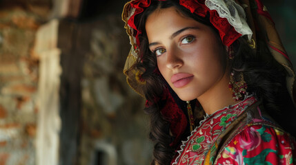 Portugal day celebration, portrait of a young Portuguese girl in a headscarf and national costume, a beautiful brunette girl with curly hair