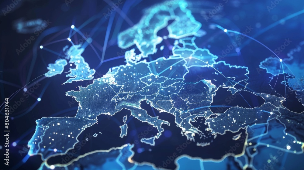 Aufkleber Communication technology with global internet network connected in Europe. Telecommunication and data transfer european connection links. IoT, finance, business, blockchain, security.