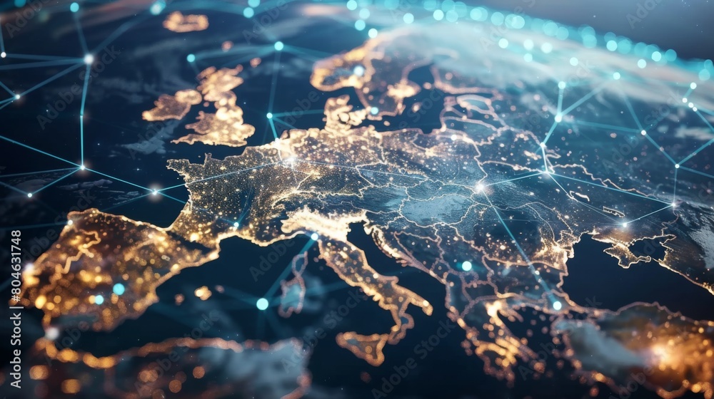 Aufkleber Communication technology with global internet network connected in Europe. Telecommunication and data transfer european connection links. IoT, finance, business, blockchain, security.