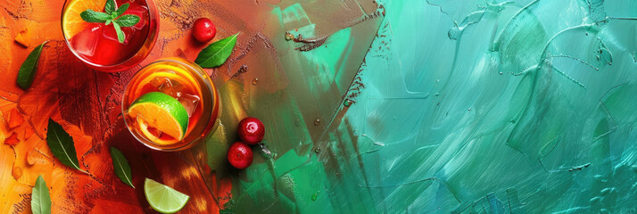 horizontal banner, celebration of Portugal day, glasses of citrus cocktail, fruit alcoholic cocktail with ice, lam, cherry and mint, top view, oil paint background, copy space for text