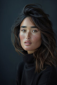 Portrait studio d'une jeune mod&egrave;le asiatique de 25 ans aux cheveux longs et yeux marrons