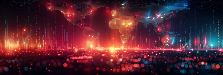 Global business concept and connection technology concept,  earth map on background of city skyline, illustration