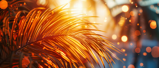 Fototapeta premium Sunlit Palm Leaves, Vibrant Green and Blue Patterns, Exotic Tropical Background for Design and Art