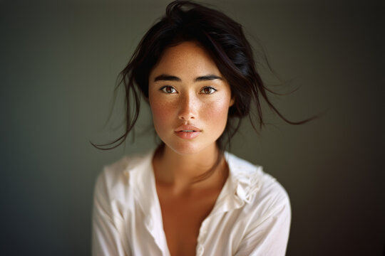 jeune femme asiatique portant une chemise blanche en lin sur fond neutre, espace pour texte