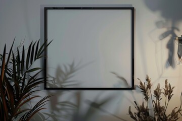 A black framed white wall with a plant and a white vase on a shelf. The plant is a small green plant with a leafy stem