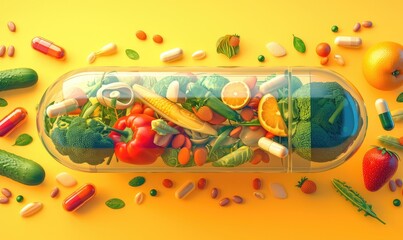 capsule with nutritional supplement and with nuts, beans, fruits, vegetables, on a yellow background, with copy space. Alternative medicine concept.
