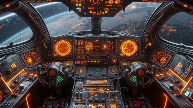Detailed Spaceship Cockpit with Earth in Background