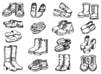 Footwear doodle set. Sketch of shoes, sandals, slippers, boots. Outline vector illustrations collection.