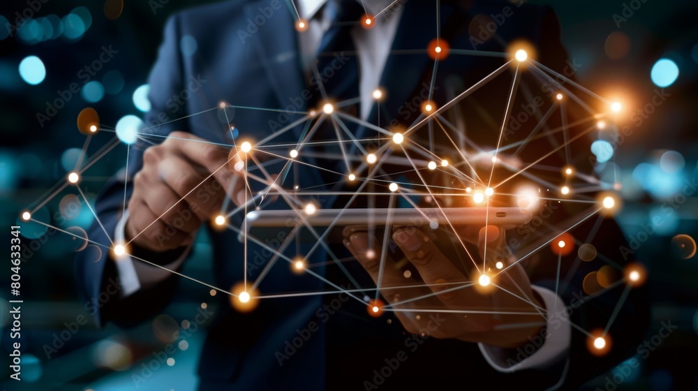 Aufkleber Customer Relationship Management, Businessman use tablet with global structure customer network technology, Data exchanges development. customer service, social media. digital marketing online.