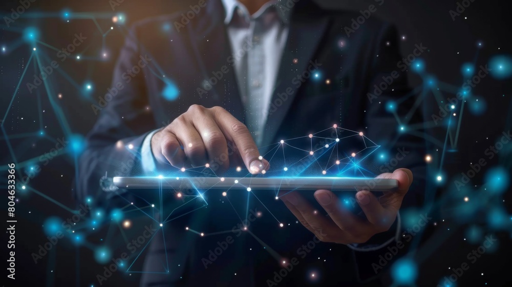 Poster Customer Relationship Management, Businessman use tablet with global structure customer network technology, Data exchanges development. customer service, social media. digital marketing online.