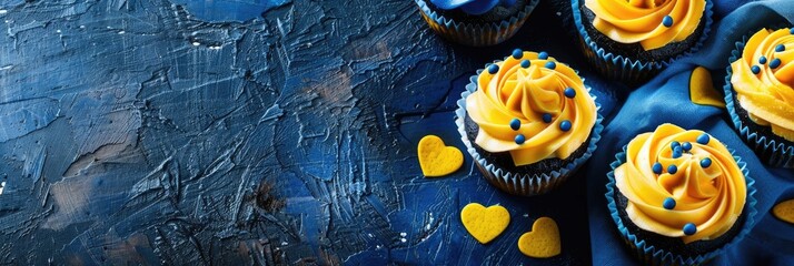 horizontal banner, National Day of Sweden background, Swedish flag, sweets for children, cupcakes with cream, homemade cakes, top view, paint strokes, copy space, free space for text