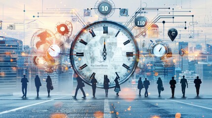 Silhouettes of professionals with futuristic business growth timeline and clock
