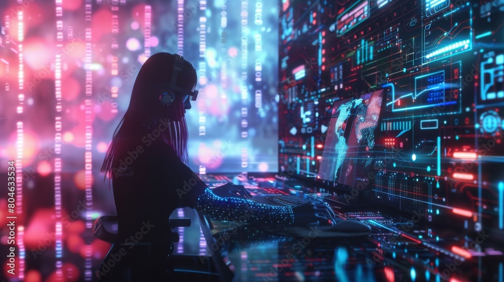Aufkleber Digital technology, internet network connection, big data, digital marketing IoT internet of things. Woman using modern computer surfing internet futuristic metaverse, innovative technology background