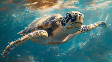 Obraz premium Sea Turtle Swimming in Sunlit Waters