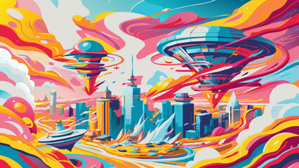 Vibrant Future Cityscape with Whimsical Architecture and Dynamic Skies
