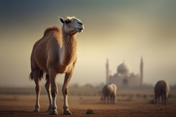 illustration of camel with blurry mosque and desert background
