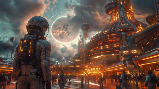 Astronaut in Vibrant Alien Marketplace - Powered by Adobe