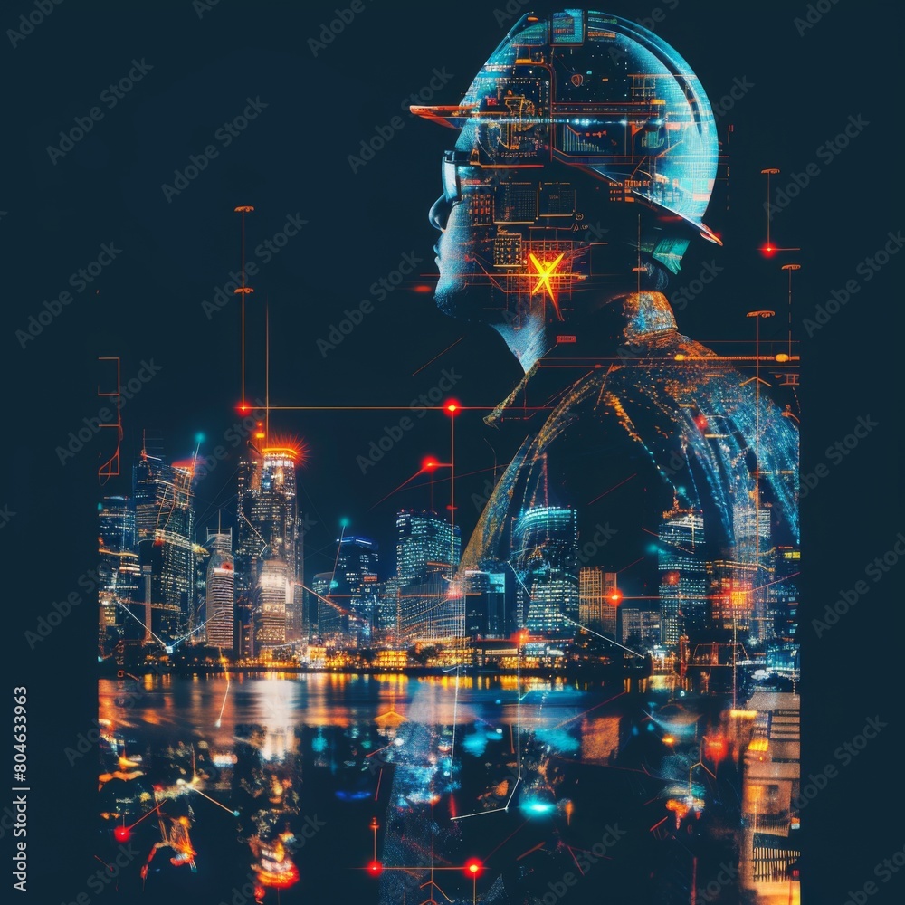 Poster digital world smart city, engineer working with digital technology security control power energy and