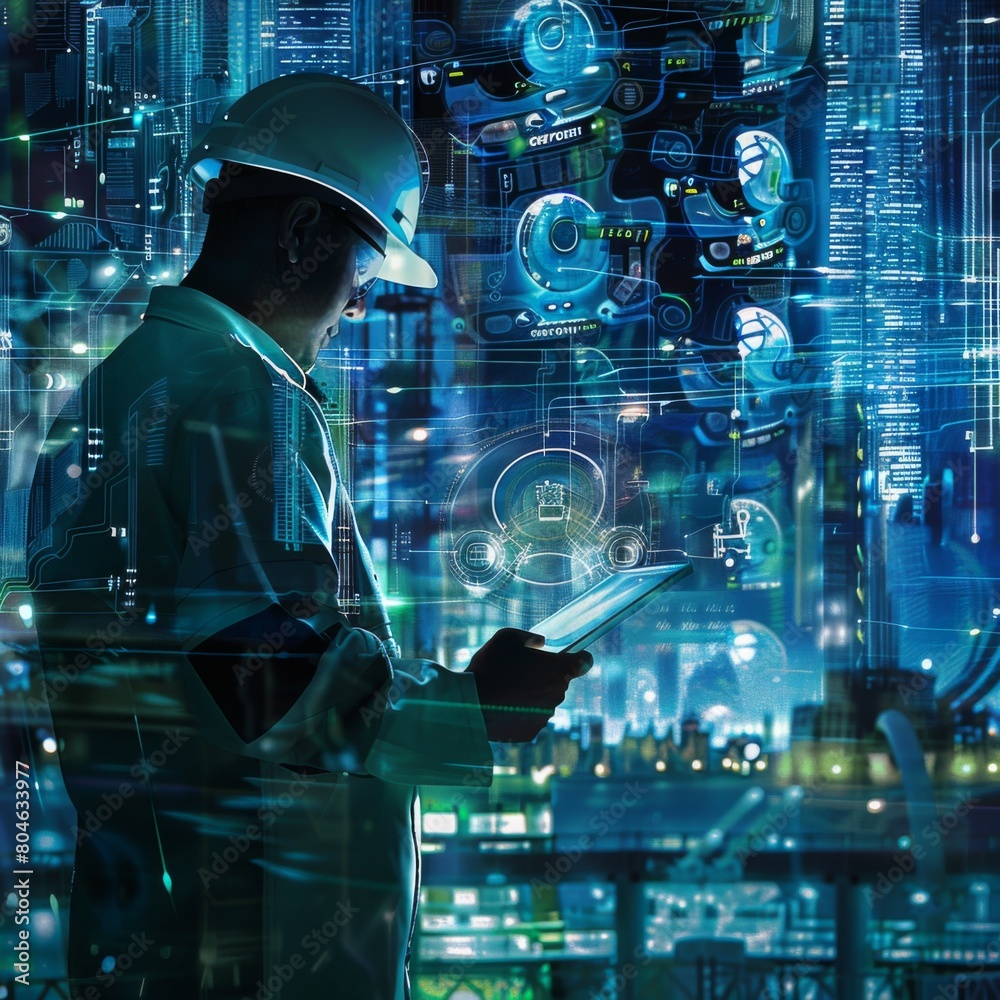 Poster digital world smart city, engineer working with digital technology security control power energy and