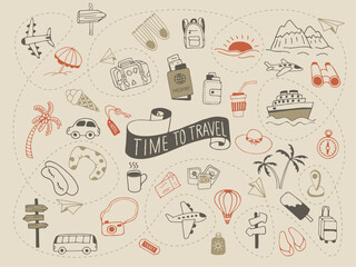Time to travel. Icon set of elements for summer vacation travel, hand drawn vector doodles in sketch style.