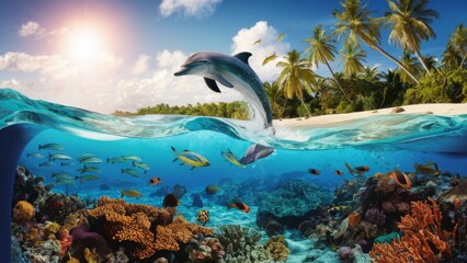 Dolphin Leaping in Tropical Split View with Sunny Island, Coral Reef, and Fish