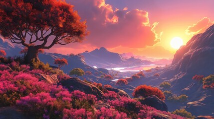 Fantasy Sunset with Pink Trees and Mountains