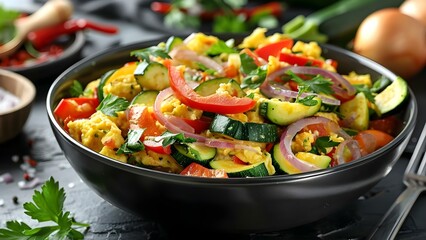 Nutritious Breakfast Recipe: Colorful Veggie Scramble with Red Peppers, Onions, and Zucchini. Concept Healthy Eating, Breakfast Ideas, Veggie Recipes, Nutritious Meals