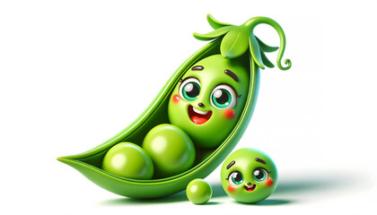 Smiling pea pod character in 3D illustration, Cheerful pea pod with smiling face in 3D, Happy pea pod character with smiling peas