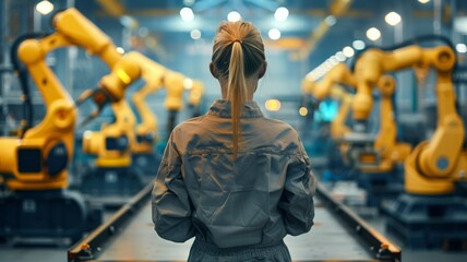Female in coveralls with her back turned Standing at Electronics Factory. Augmented Reality Visualization of a Conveyor Belt Production Line with Robot Arms