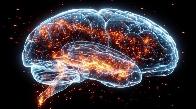 Concept art of a human brain exploding with knowledge and creativity. Bright colors.