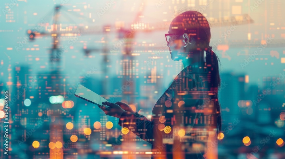 Aufkleber Double exposure of businesswoman using tablet and technology global networking security information with innovation icon virtual screen,