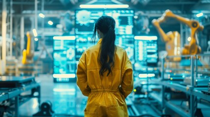 Obraz premium Female in coveralls with her back turned Standing at Electronics Factory. Augmented Reality Visualization of a Conveyor Belt Production Line with Robot Arms