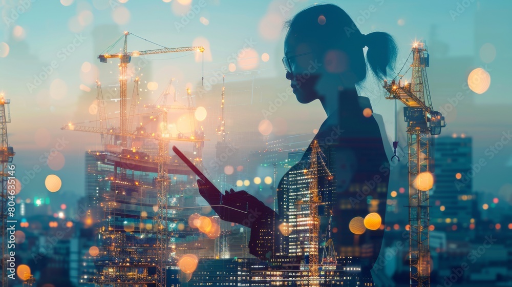 Poster double exposure of businesswoman using tablet and technology global networking security information 