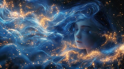 Fototapeta premium Woman with Cosmic Blue Hair and Stars