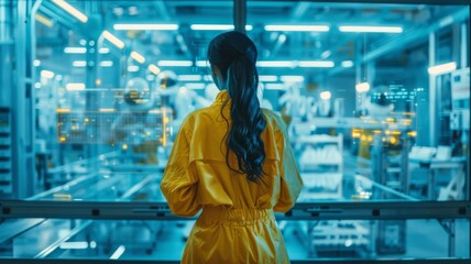 Fototapeta premium Female in coveralls with her back turned Standing at Electronics Factory. Augmented Reality Visualization of a Conveyor Belt Production Line with Robot Arms