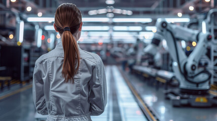 Fototapeta premium Female in coveralls with her back turned Standing at Electronics Factory. Augmented Reality Visualization of a Conveyor Belt Production Line with Robot Arms