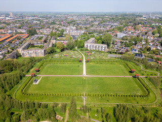 Obraz premium Aerial drone photo of the Roman park named Matilo in Leiden, the Netherlands