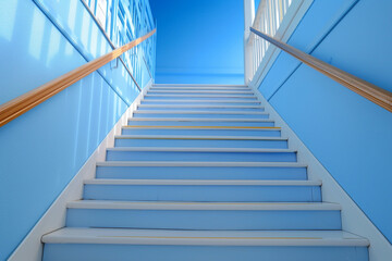 Sky blue stairs with a simple wooden handrail, light and airy home ambiance.