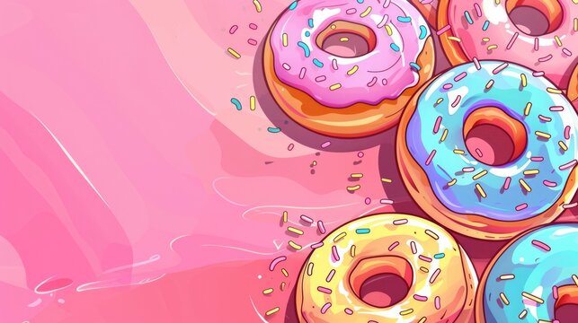 illustration, horizontal banner, National Donut Day, lots of colorful donuts covered with icing and confetti, treats for children, pink background, copy space, free space for text - Powered by Adobe