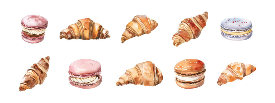 Set collection of various hand drawn watercolor french desserts pastries featuring croissants, colorful macarons illustration